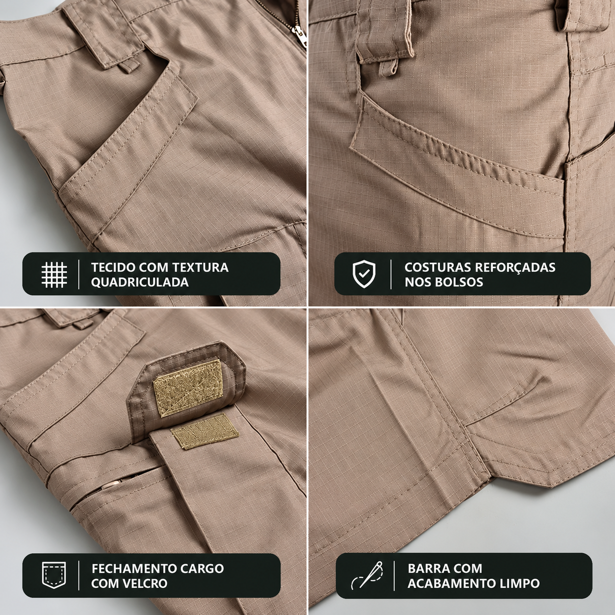 Detalhes da Bermuda Tática Masculina Cargo Lemartine: tecido ripstop, costuras reforçadas e bolso cargo com velcro