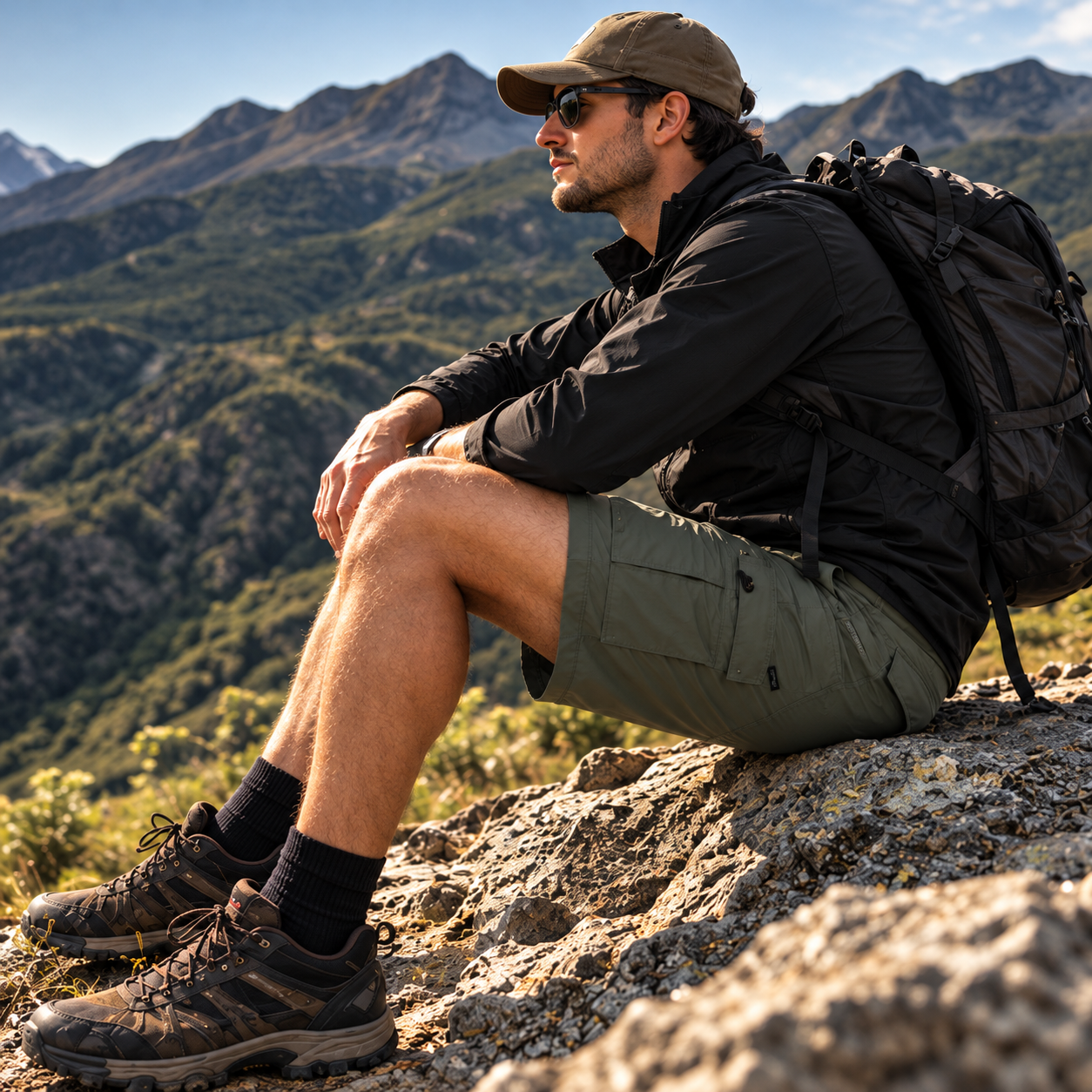 Homem usando Bermuda Tática Masculina Cargo Lemartine Verde Militar em trilha na montanha
