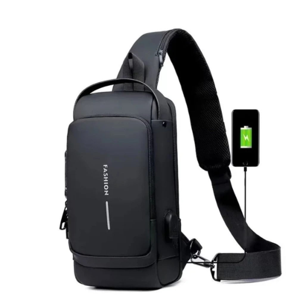 Mochila de Ombro Transversal Compacta Unilateral USB Trava de Código Á prova d'água | Lemartine