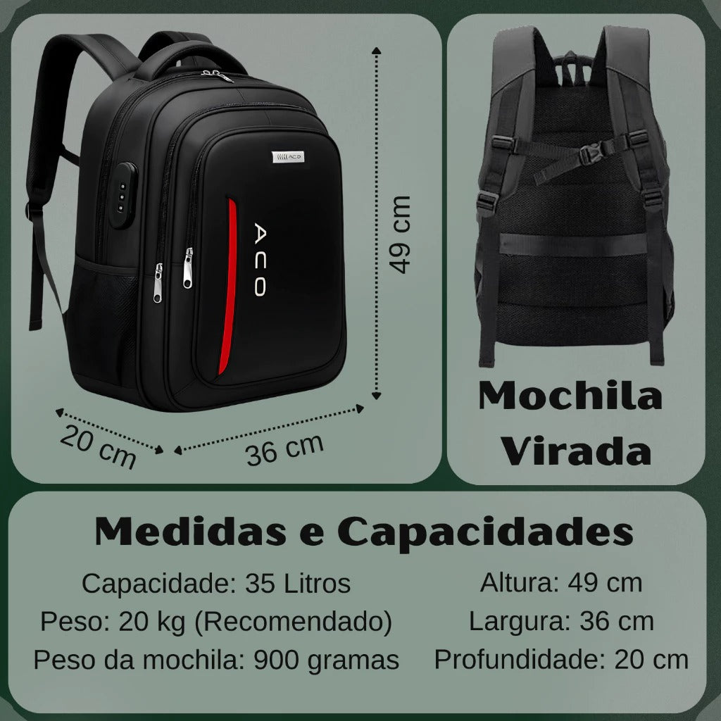 Mochila Unissex Notebook com Senha e Entrada para USB | Lemartine