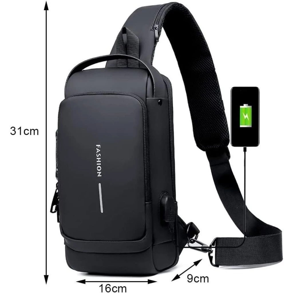 Mochila de Ombro Transversal Compacta Unilateral USB Trava de Código Á prova d'água | Lemartine