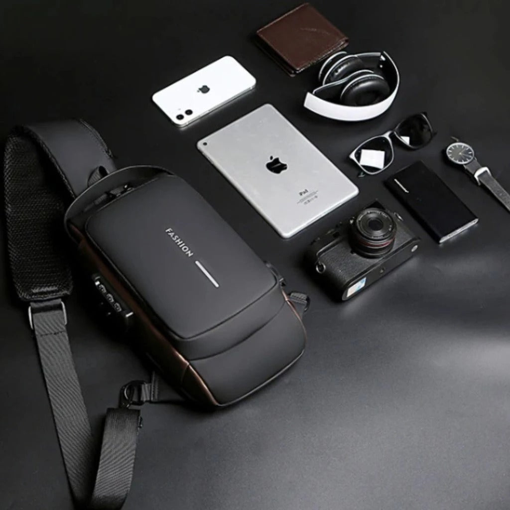 Mochila de Ombro Transversal Compacta Unilateral USB Trava de Código Á prova d'água | Lemartine