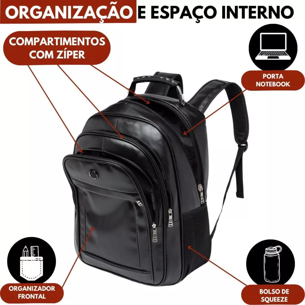 Mochila Couro PU Grande Executiva Para Notebook Trabalho Faculdade Reforçada Cabo De Aço USB | Lemartine