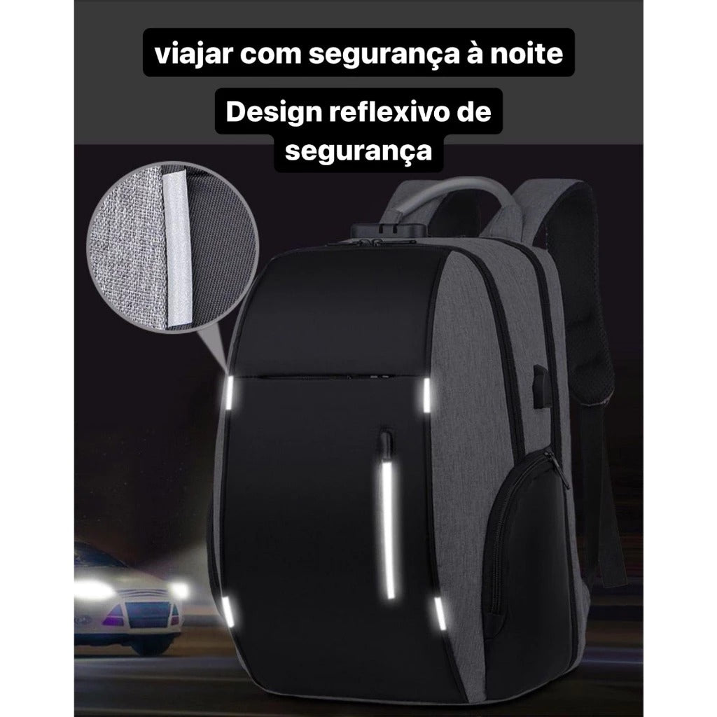 Mochila Notebook Anti Furto Alça Impermeável Reforçada Cadeado Saida Cabo Aux Usb Fone Ouvido | Lemartine