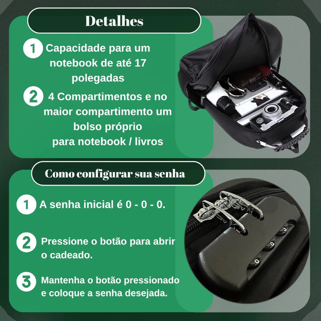Mochila Unissex Notebook com Senha e Entrada para USB | Lemartine