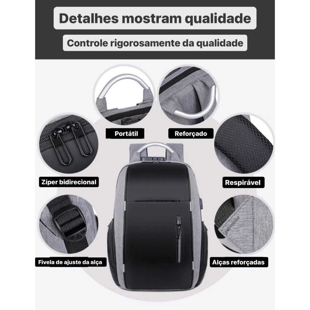 Mochila Notebook Anti Furto Alça Impermeável Reforçada Cadeado Saida Cabo Aux Usb Fone Ouvido | Lemartine