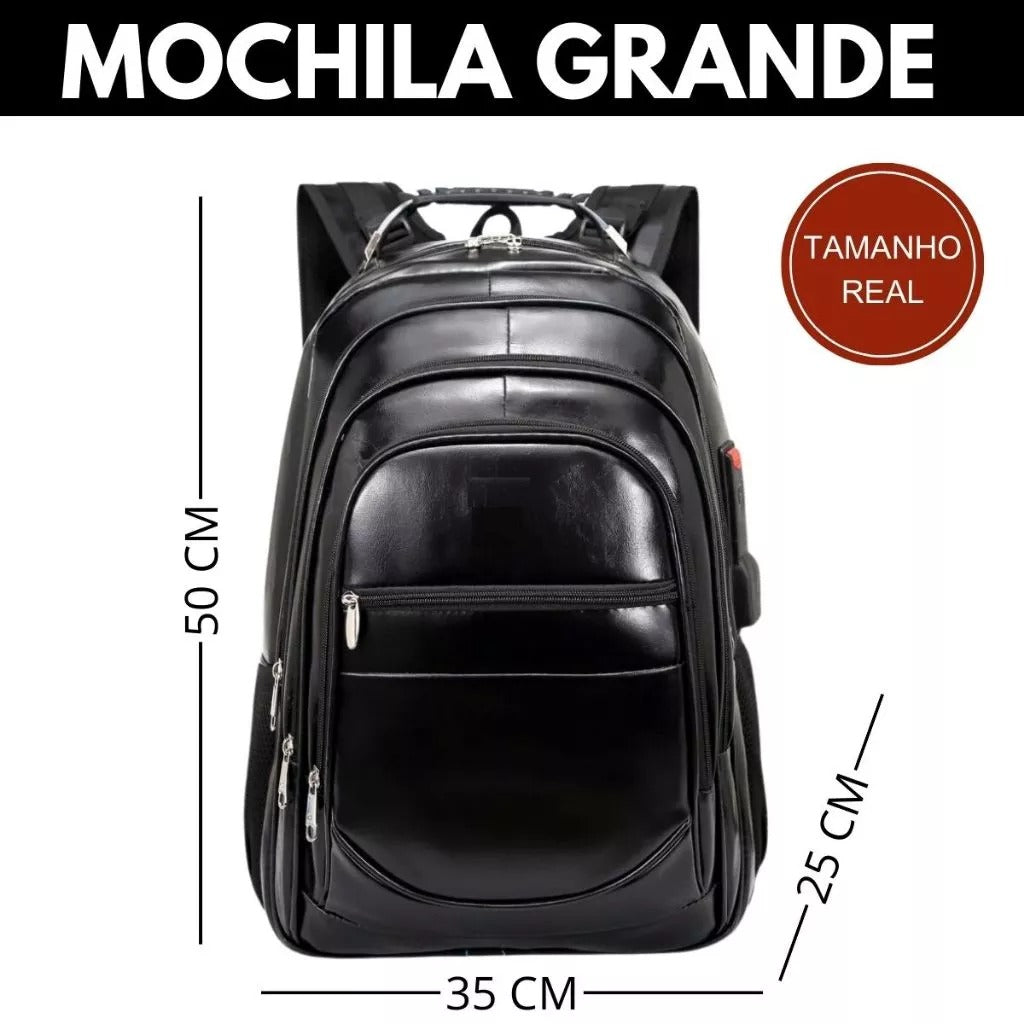 Mochila Couro PU Grande Executiva Para Notebook Trabalho Faculdade Reforçada Cabo De Aço USB | Lemartine