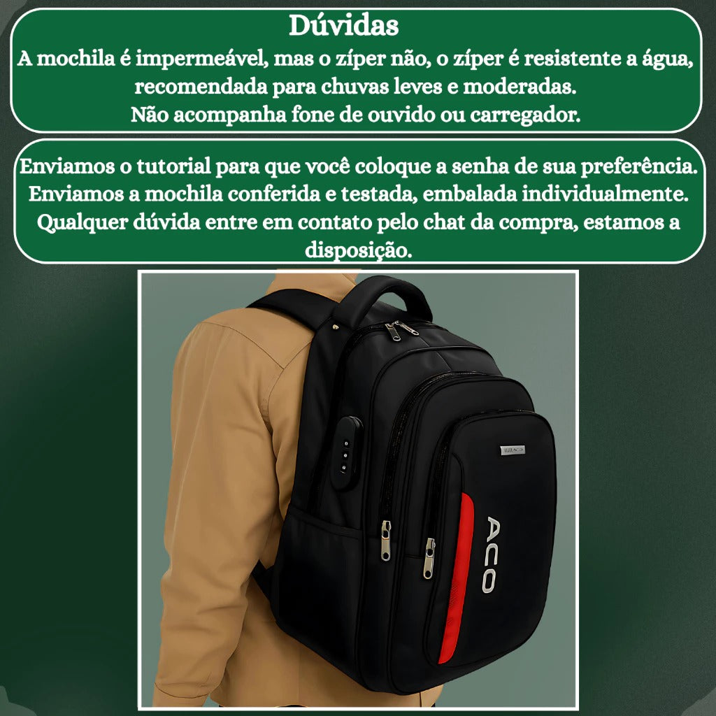 Mochila Unissex Notebook com Senha e Entrada para USB | Lemartine
