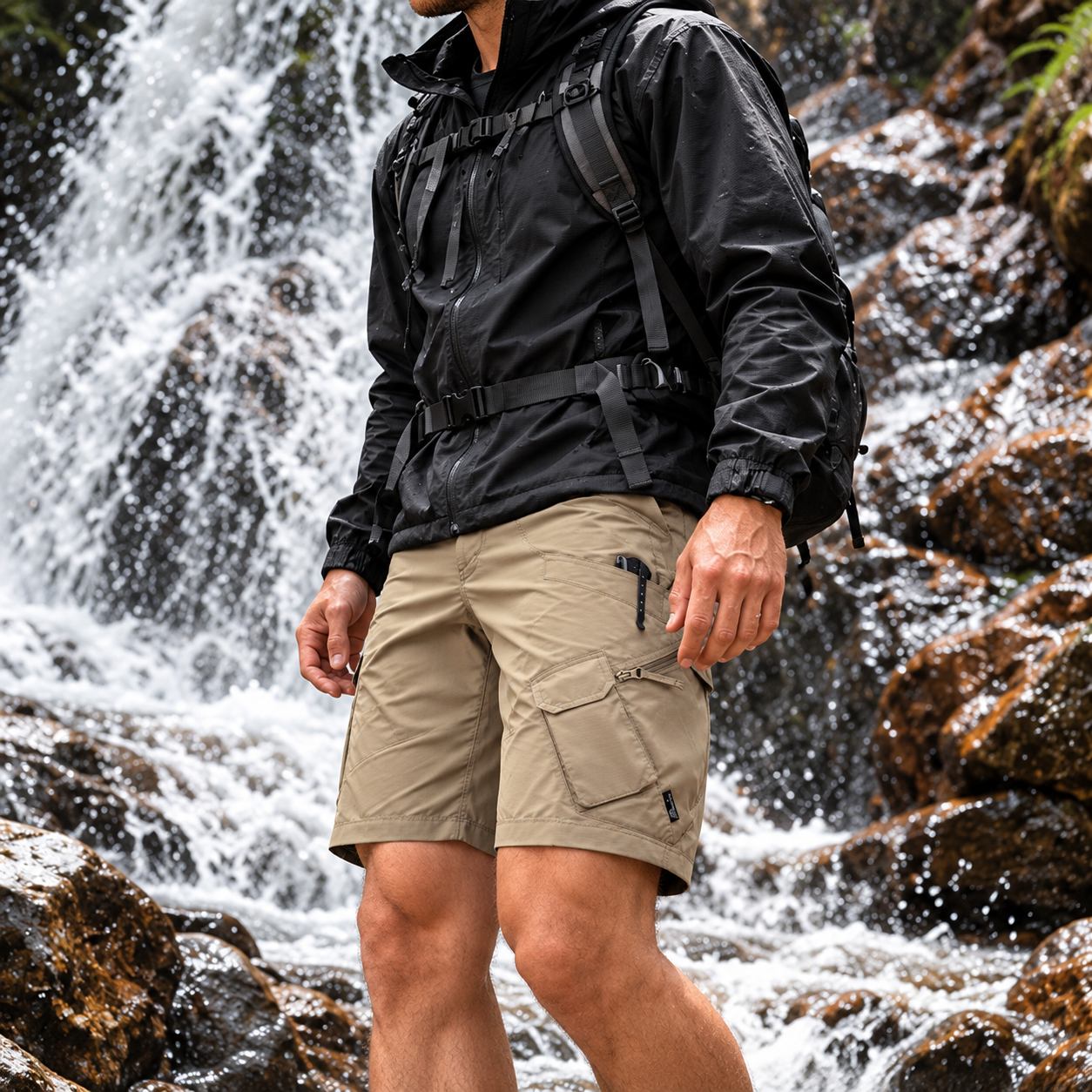Bermuda Tática Masculina Cargo Lemartine Cáqui usada em trilha na cachoeira