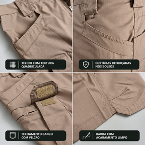 Detalhes da Bermuda Tática Masculina Cargo Lemartine: tecido ripstop, costuras reforçadas e bolso cargo com velcro