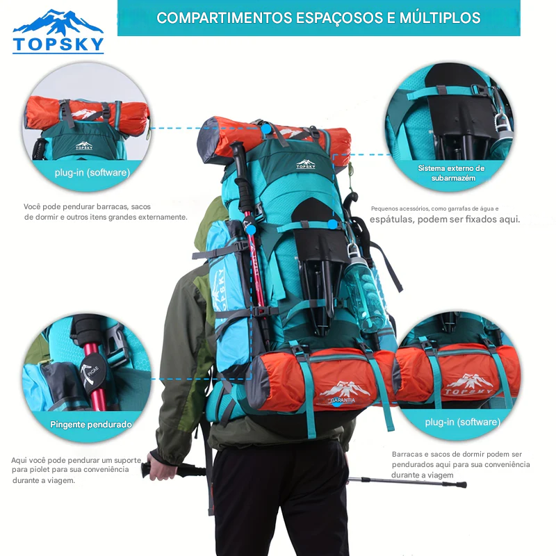 Mochila de Trilha Topsky 70L com Ajuste de Altura + Capa de Chuva | Lemartine